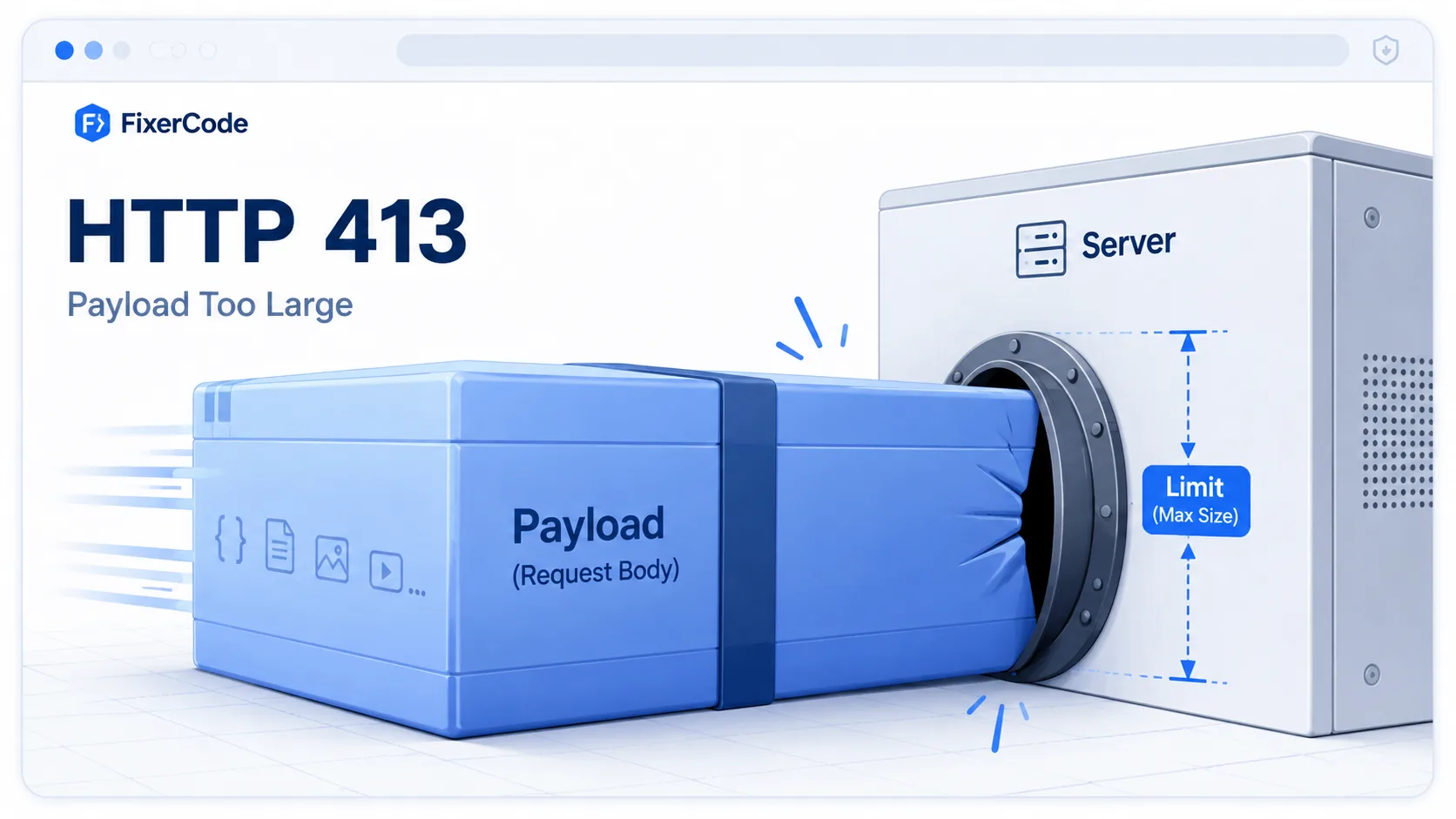 HTTP 413 visual summary showing a massive data package physically unable to fit through a standard-sized server intake port.