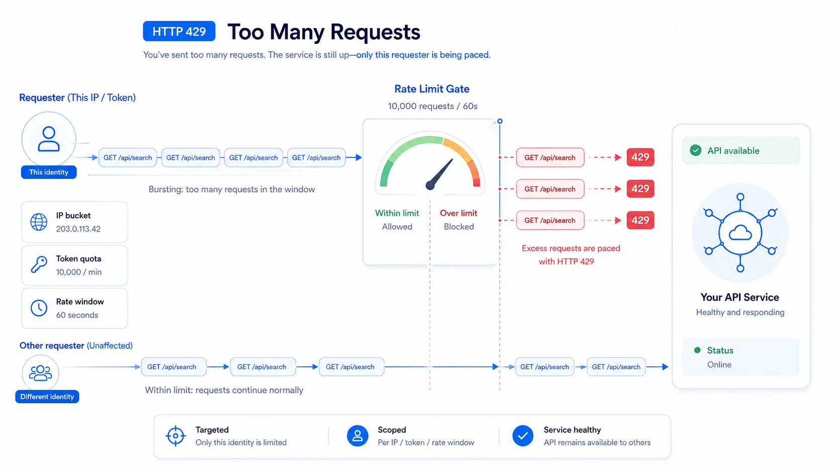 HTTP 429 visual summary showing one request stream hitting a rate-limit gate while the main service remains available